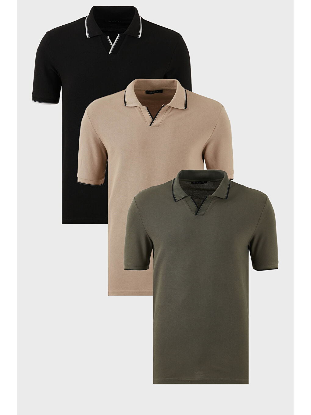 Siyah Pamuklu Regular Fit Şerit Detaylı 3'lü Paket Polo Yaka %100 Pamuk Tişört 5902964S3