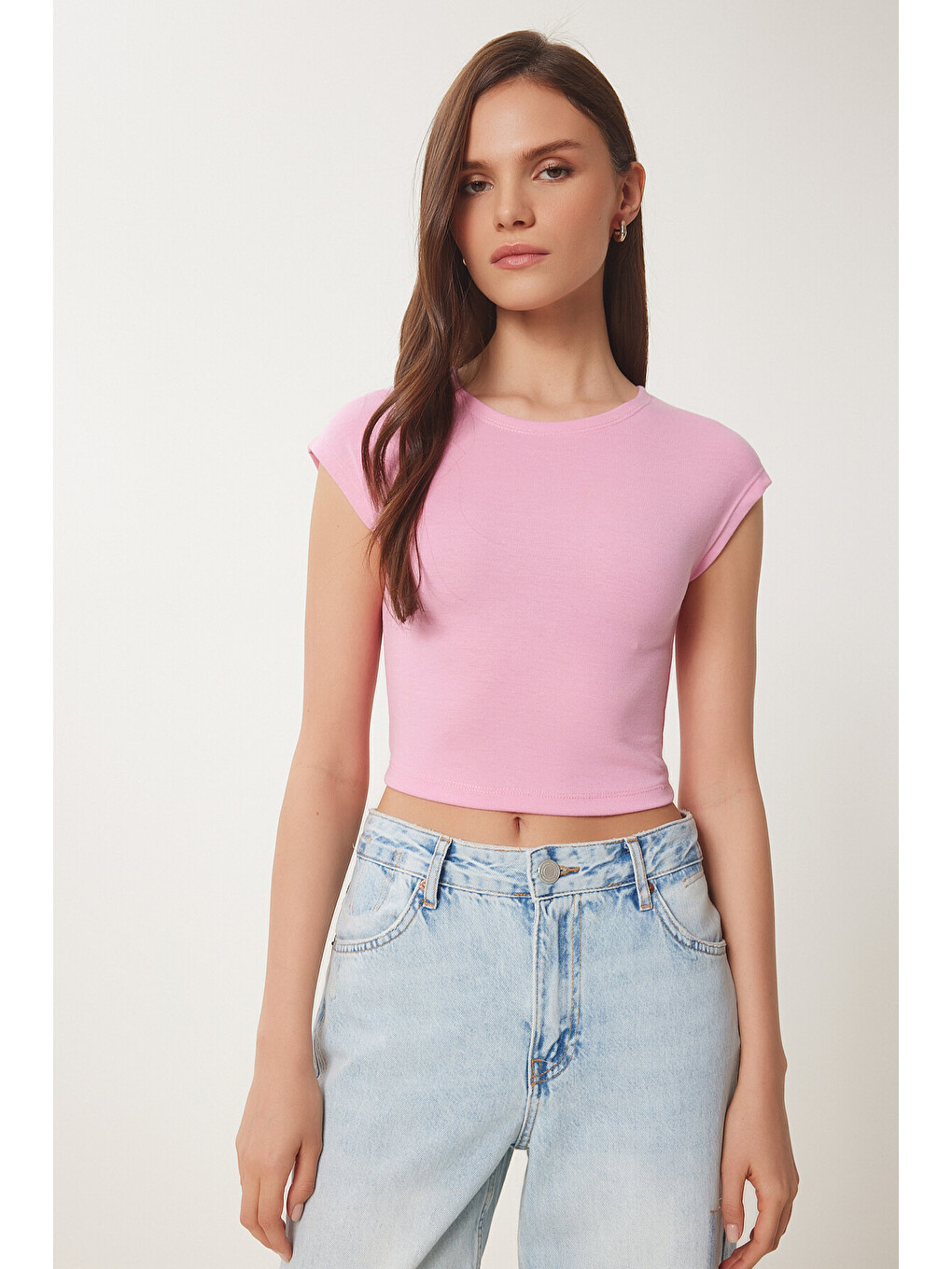 Pembe Basic Crop Örme Bluz PEMBE LFW0005
