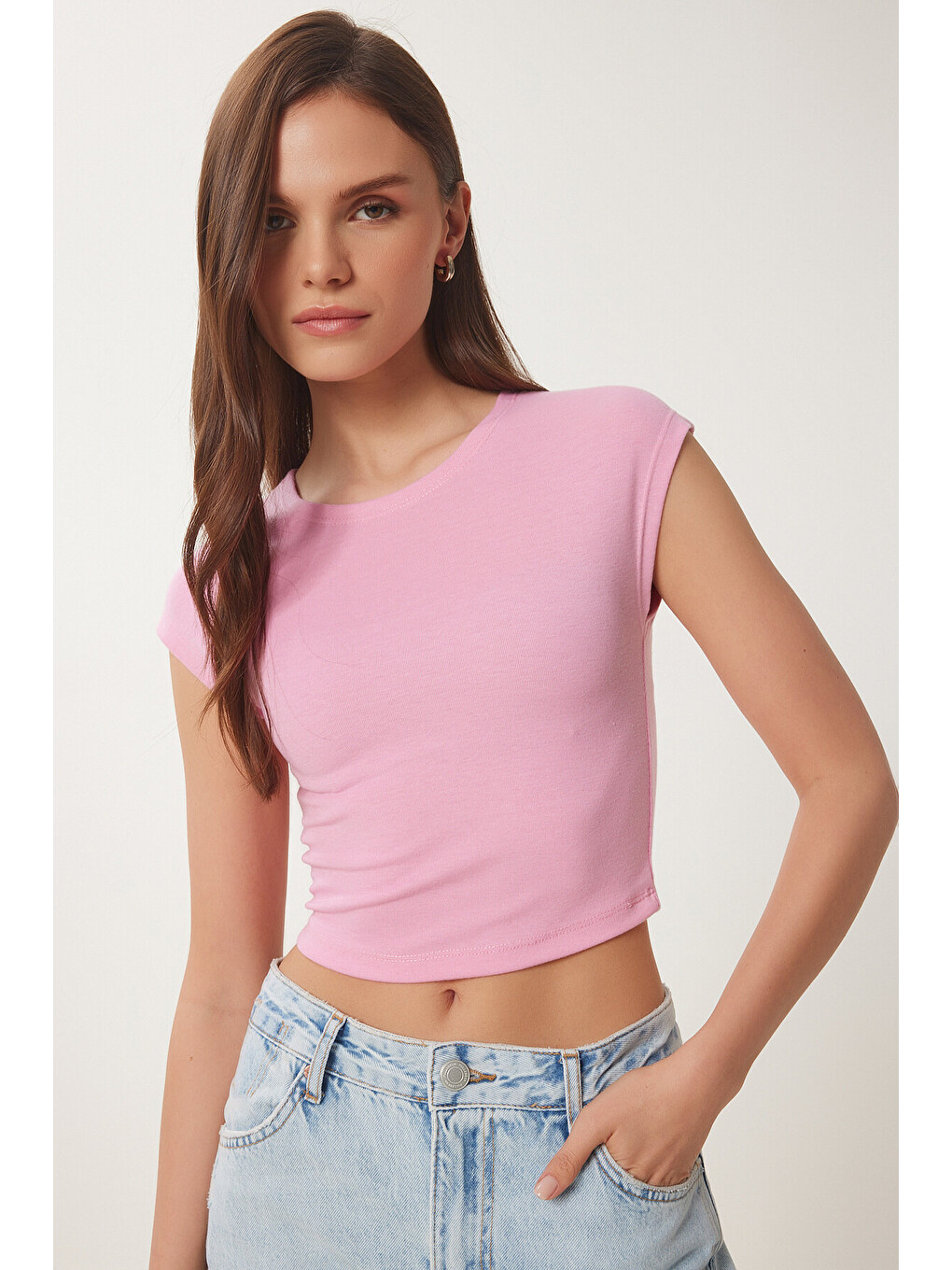 Pembe Basic Crop Örme Bluz PEMBE LFW0005-1