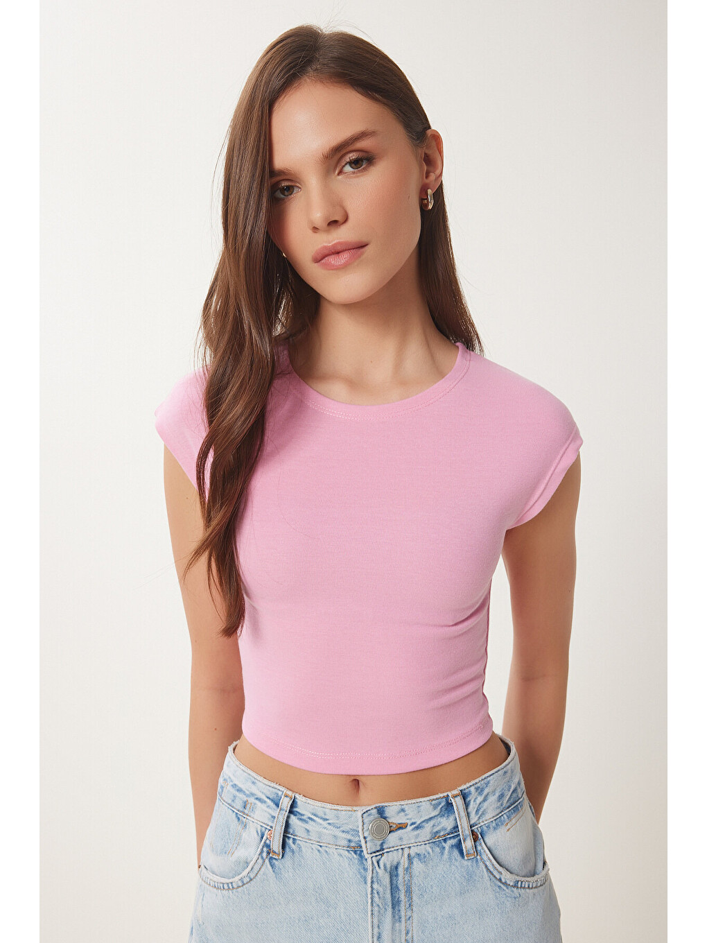 Pembe Basic Crop Örme Bluz PEMBE LFW0005-2