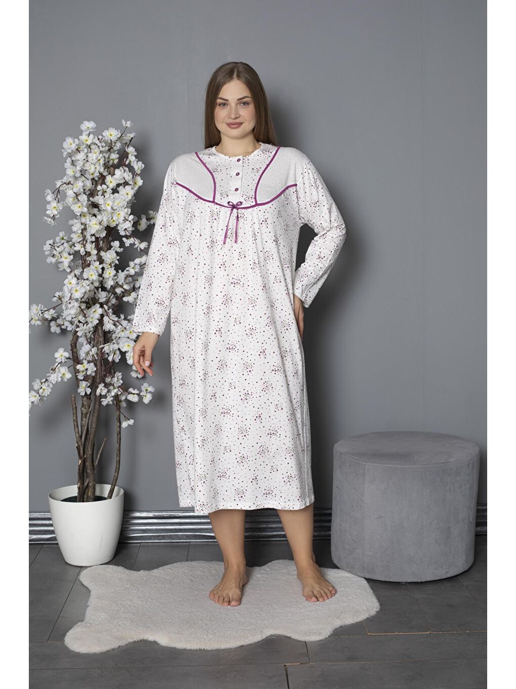 Mürdüm %100 Pamuklu Mevsimlik Penye Uzun Kollu Büyük Beden Anne Geceliği 580-1