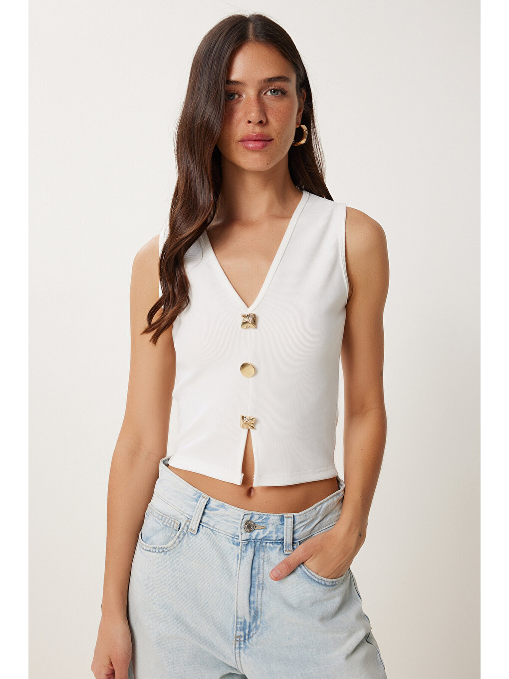 Ekru Dore Düğmeli Fitilli Örme Crop Bluz EKRU LZV0012