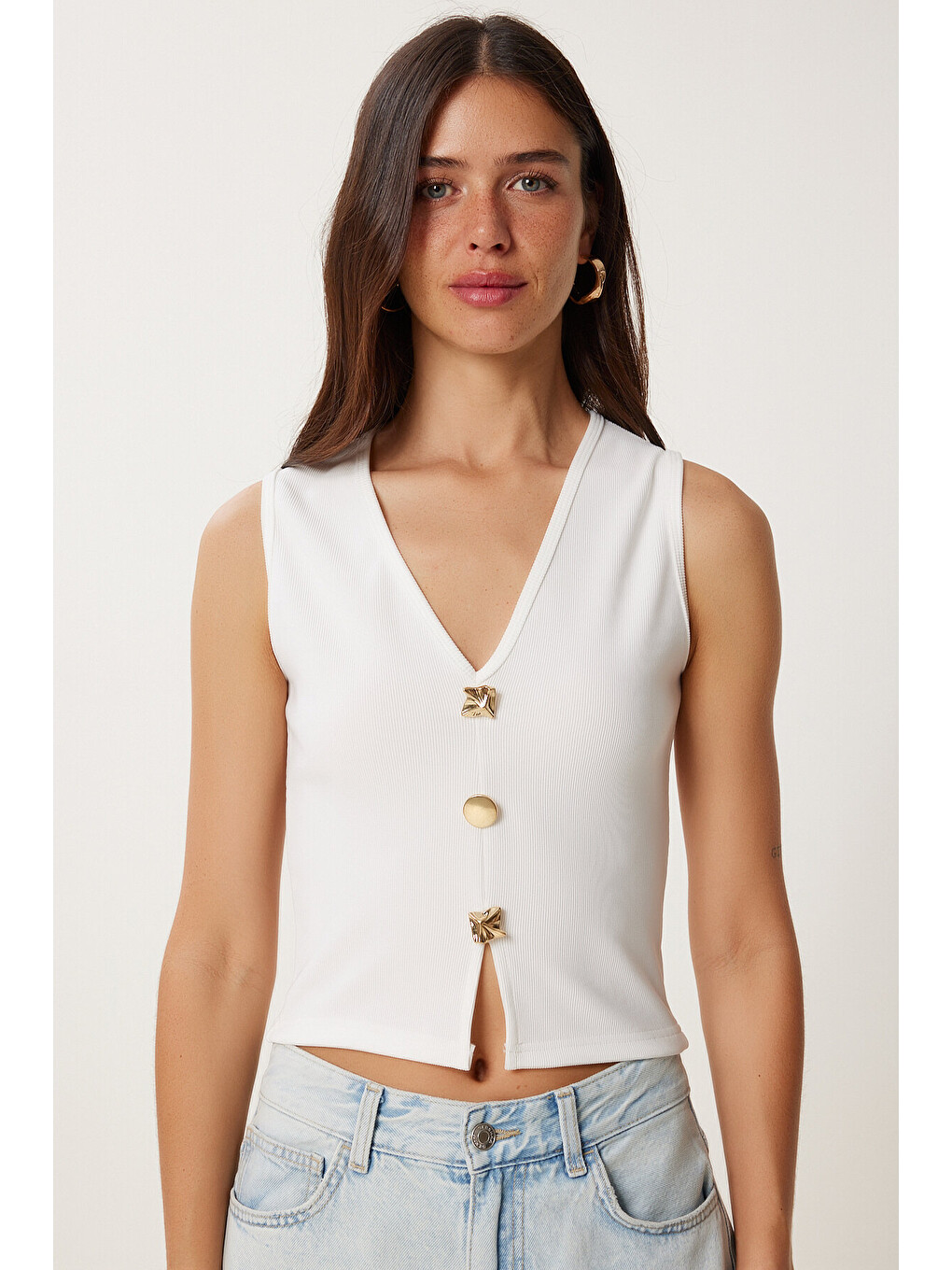 Ekru Dore Düğmeli Fitilli Örme Crop Bluz EKRU LZV0012-2