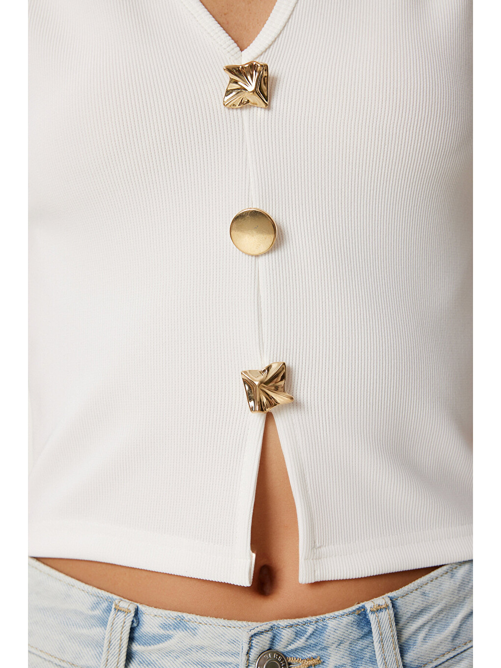Ekru Dore Düğmeli Fitilli Örme Crop Bluz EKRU LZV0012-3