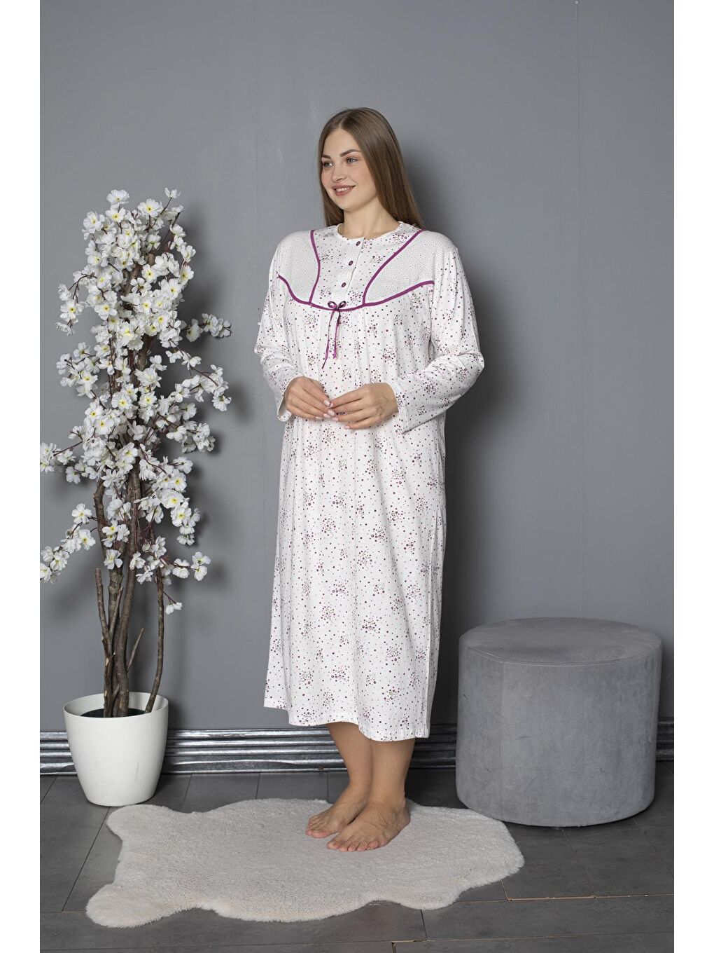 Mürdüm %100 Pamuklu Mevsimlik Penye Uzun Kollu Büyük Beden Anne Geceliği 580-2