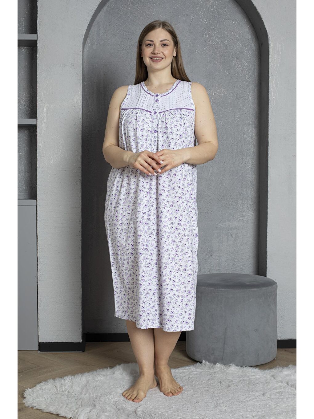 Lila Sıfır Kol Düğmeli Yaka %100 Pamuklu Penye Büyük Beden Anne Geceliği 545-1