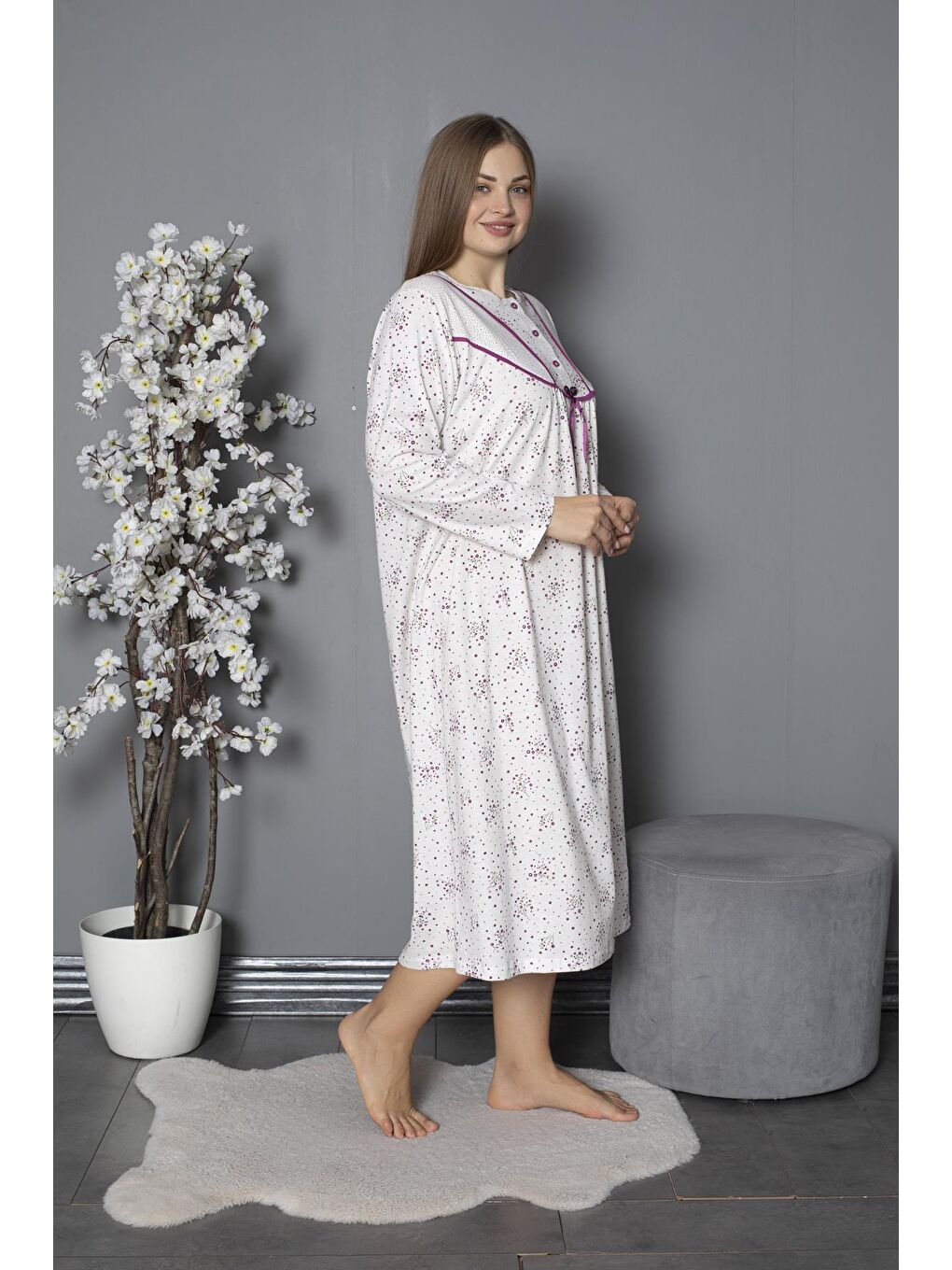 Mürdüm %100 Pamuklu Mevsimlik Penye Uzun Kollu Büyük Beden Anne Geceliği 580-3