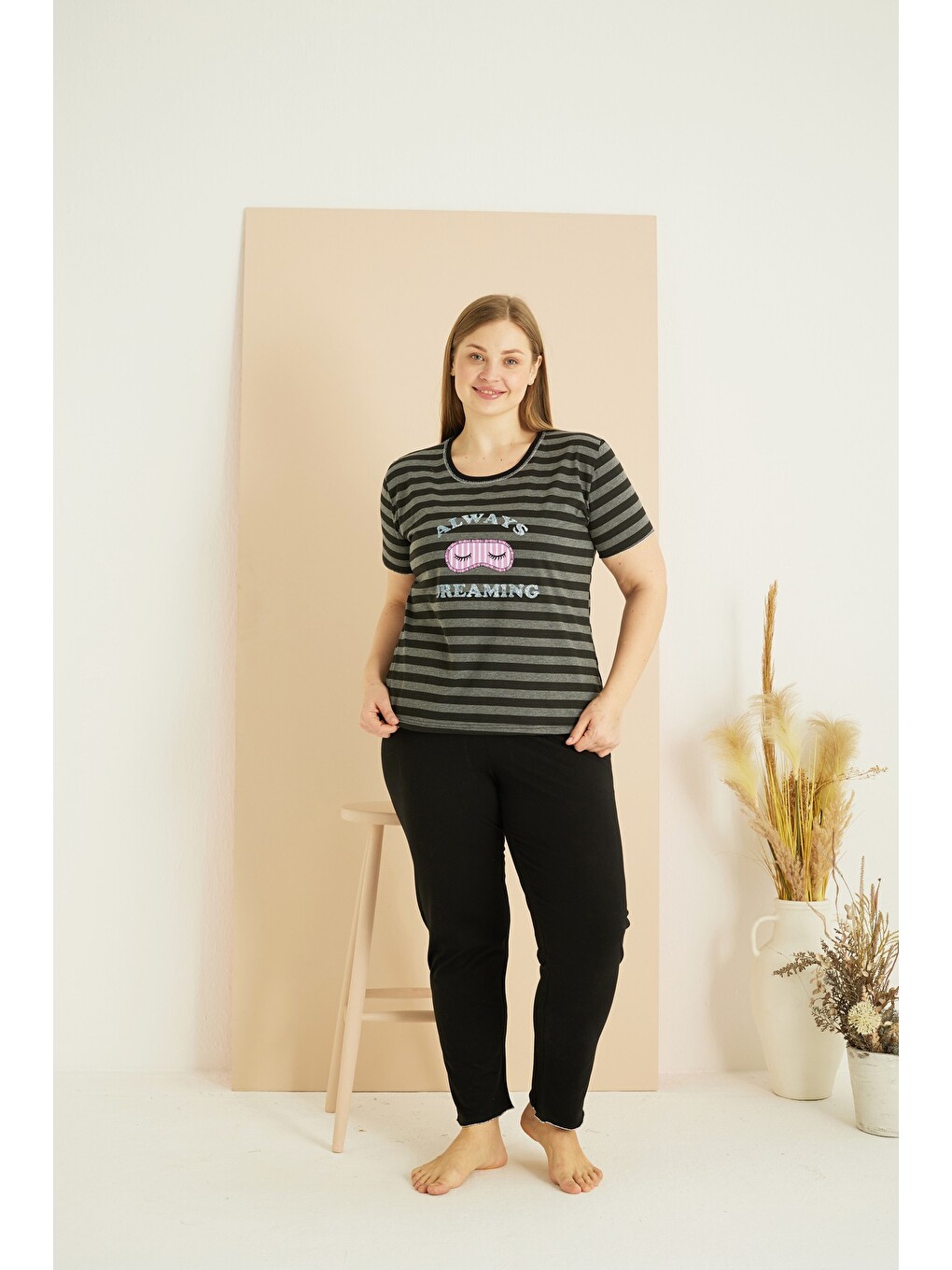 Karışık Curve Büyük Beden Battal Boy Pamuklu Pijama Takım25103771-1