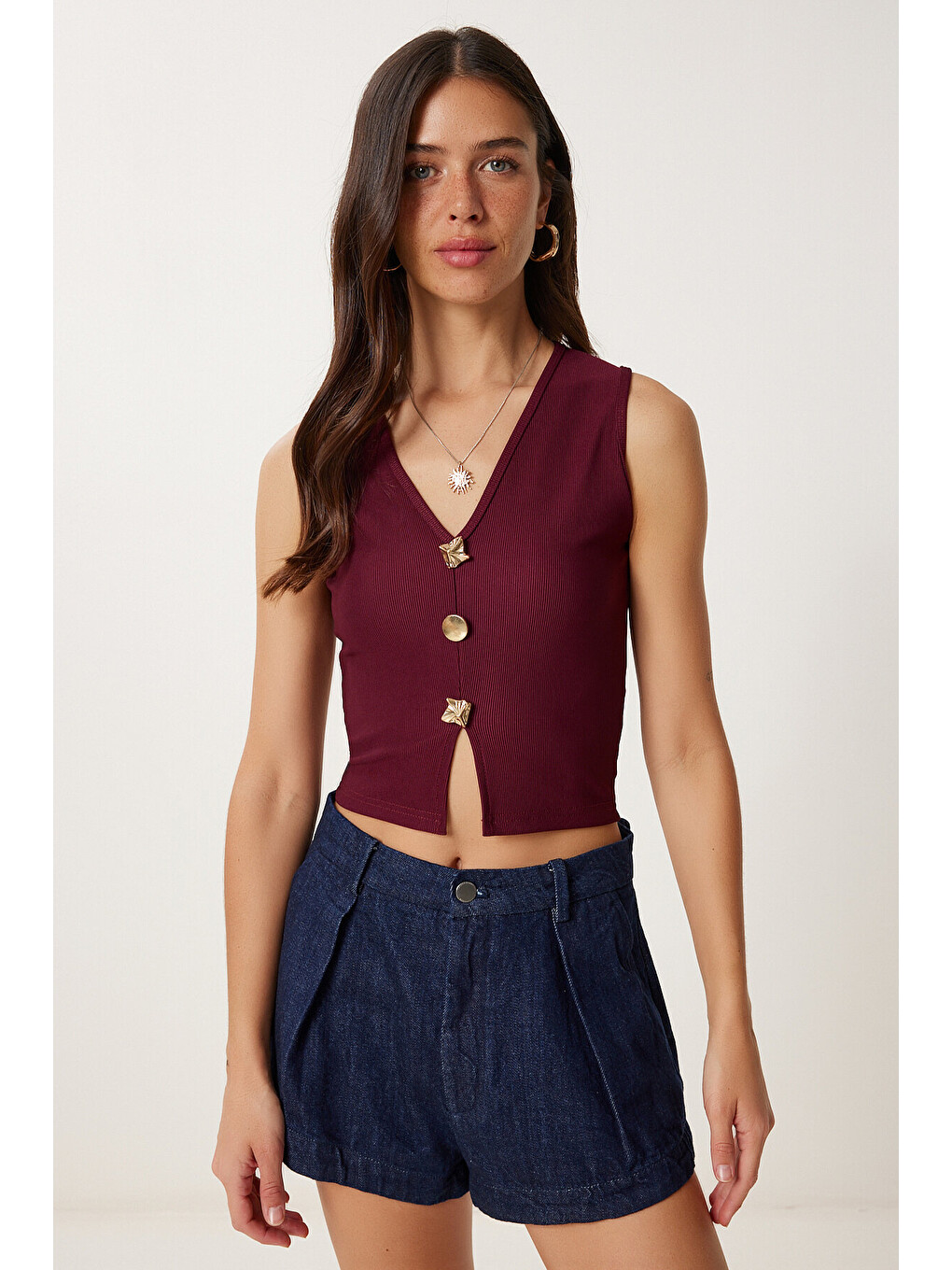 Bordo Dore Düğmeli Fitilli Örme Crop Bluz BORDO LZV0012-1