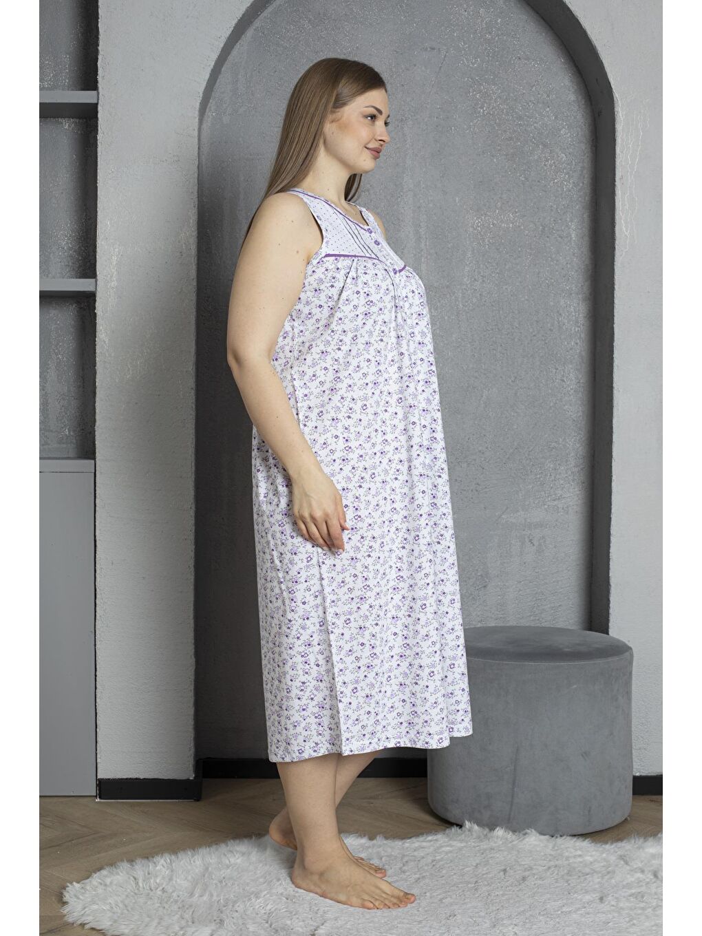 Lila Sıfır Kol Düğmeli Yaka %100 Pamuklu Penye Büyük Beden Anne Geceliği 545-2