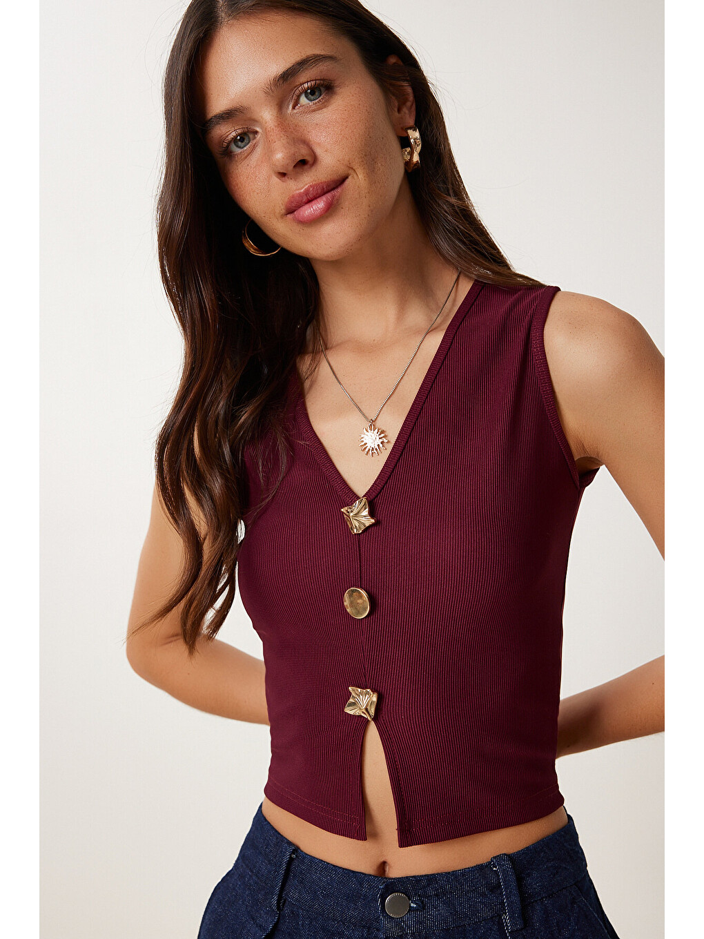 Bordo Dore Düğmeli Fitilli Örme Crop Bluz BORDO LZV0012-2