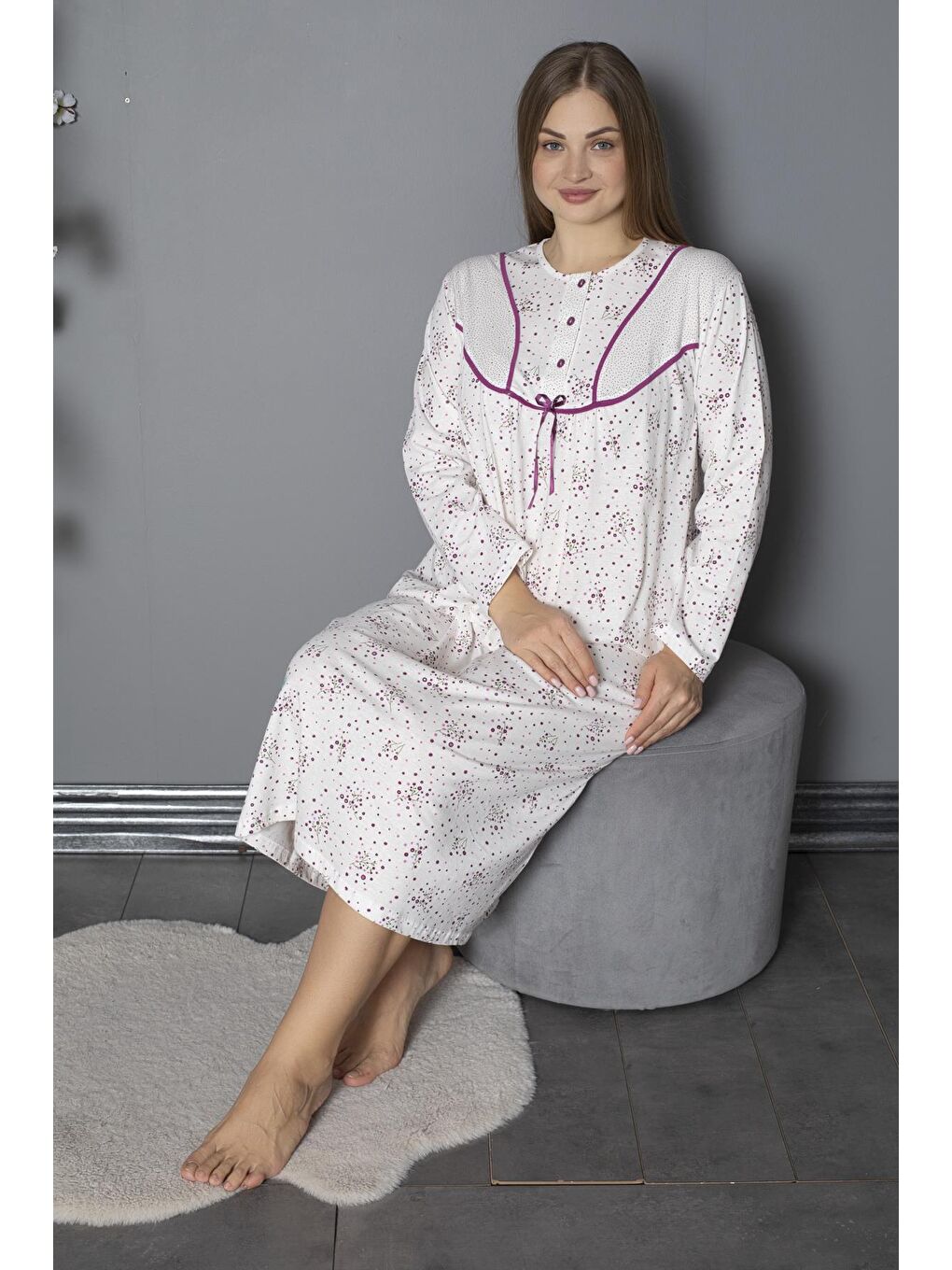 Mürdüm %100 Pamuklu Mevsimlik Penye Uzun Kollu Büyük Beden Anne Geceliği 580-4