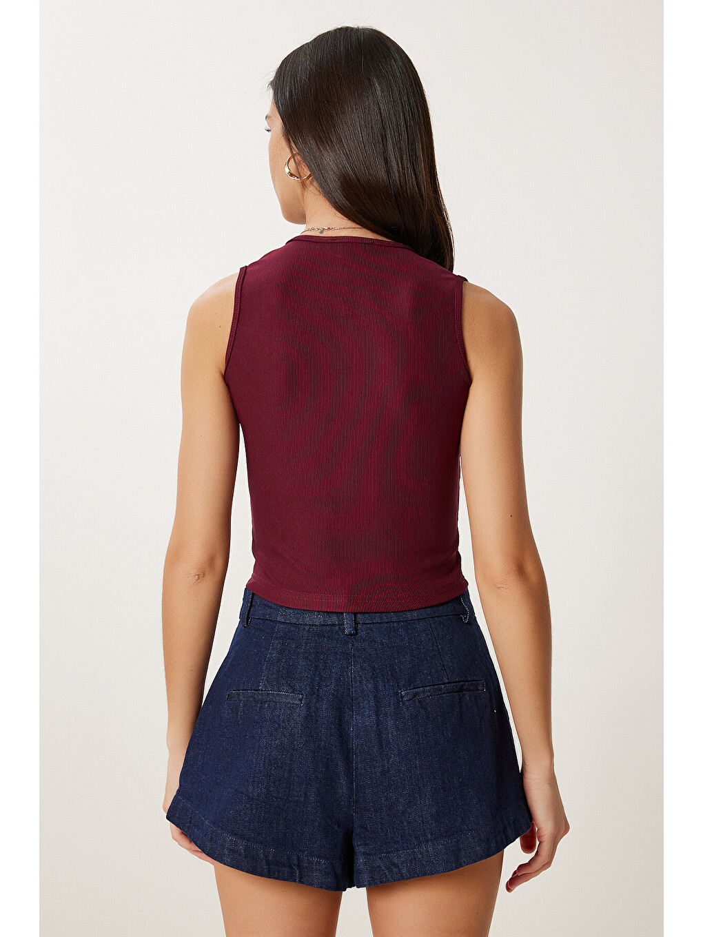 Bordo Dore Düğmeli Fitilli Örme Crop Bluz BORDO LZV0012-3