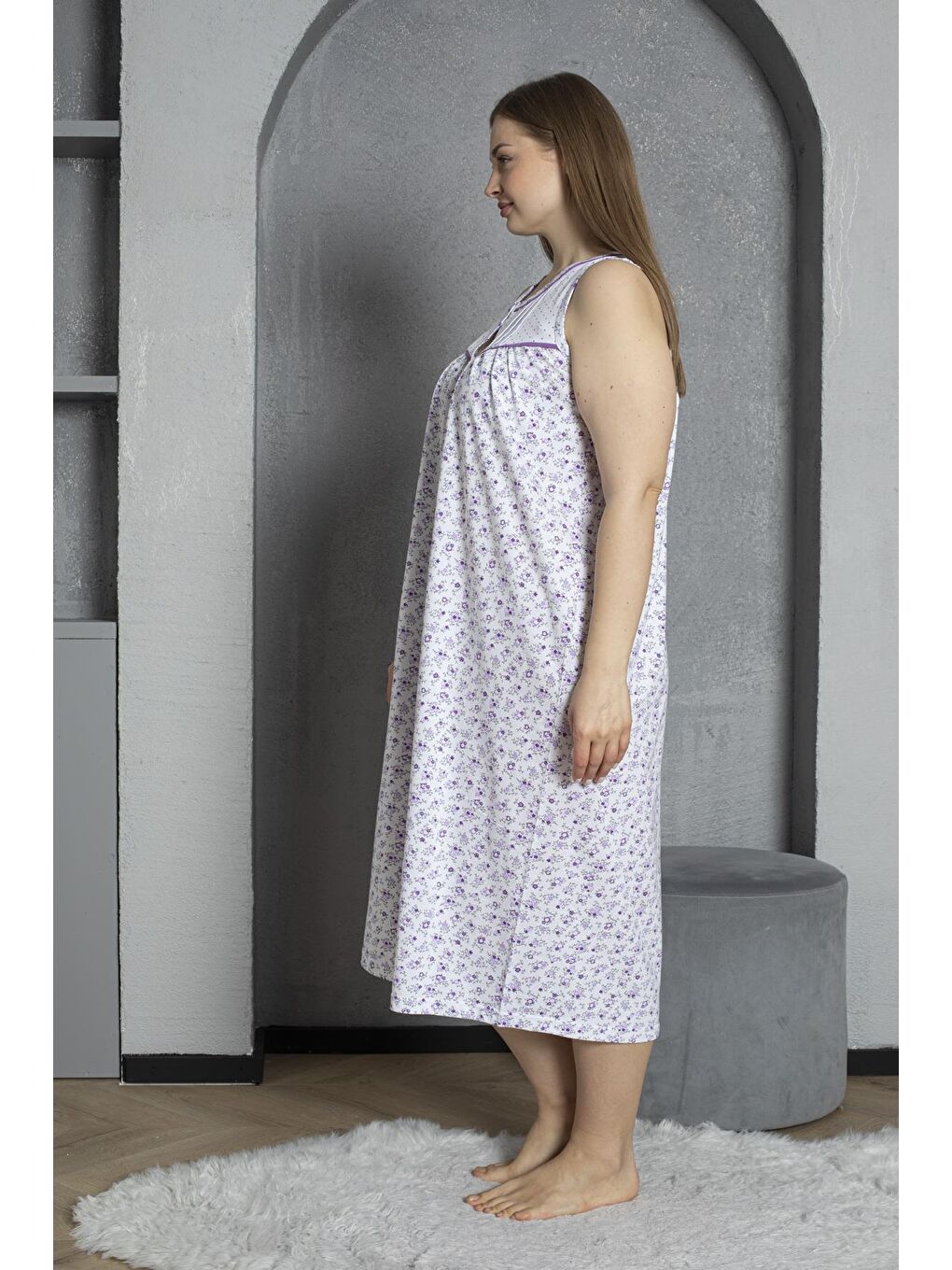 Lila Sıfır Kol Düğmeli Yaka %100 Pamuklu Penye Büyük Beden Anne Geceliği 545-3