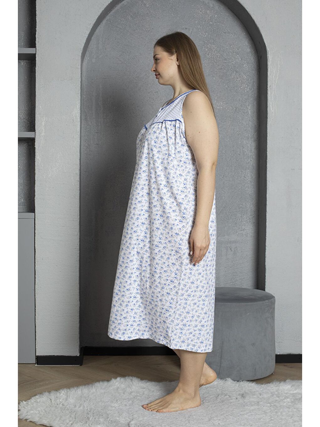 Mavi Sıfır Kol Düğmeli Yaka %100 Pamuklu Penye Büyük Beden Anne Geceliği 545-2