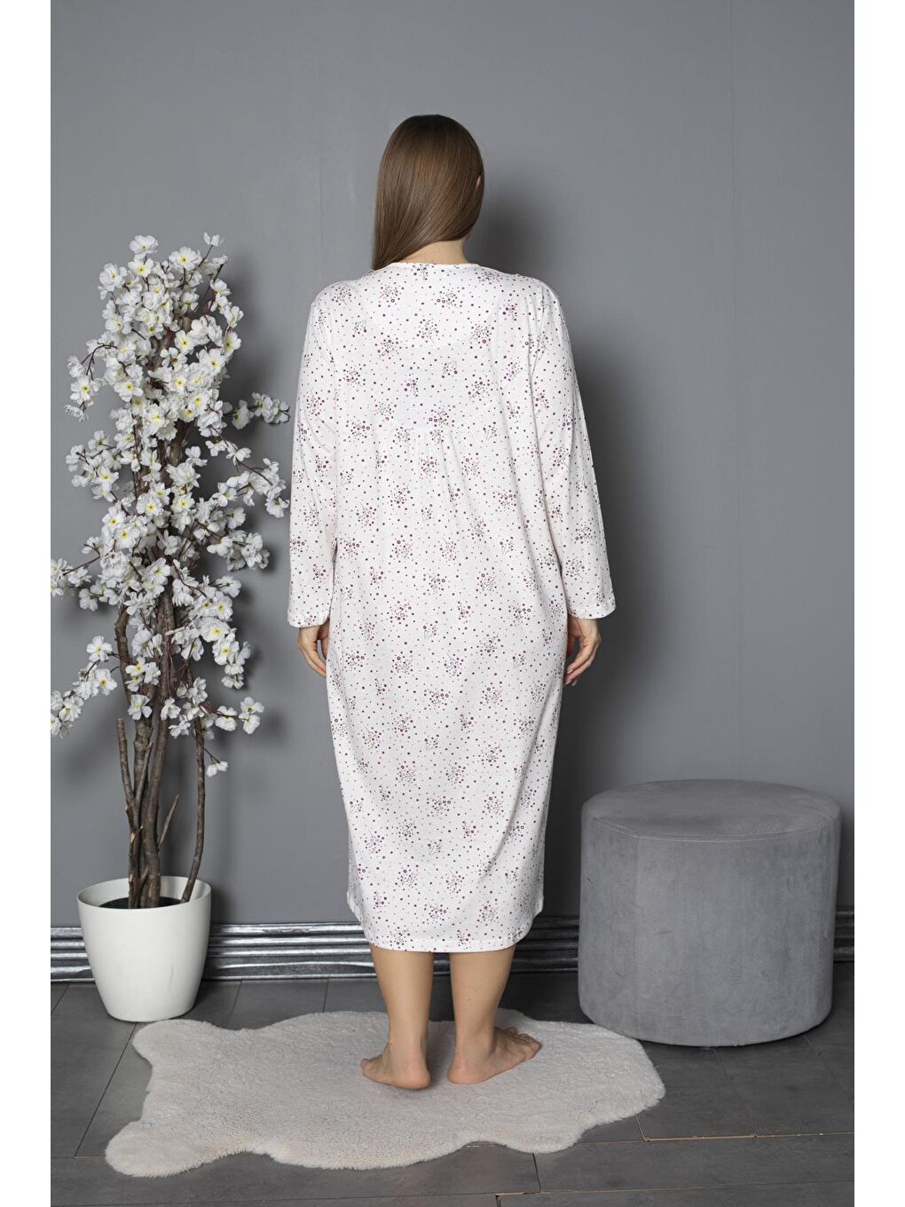 Mürdüm %100 Pamuklu Mevsimlik Penye Uzun Kollu Büyük Beden Anne Geceliği 580-5