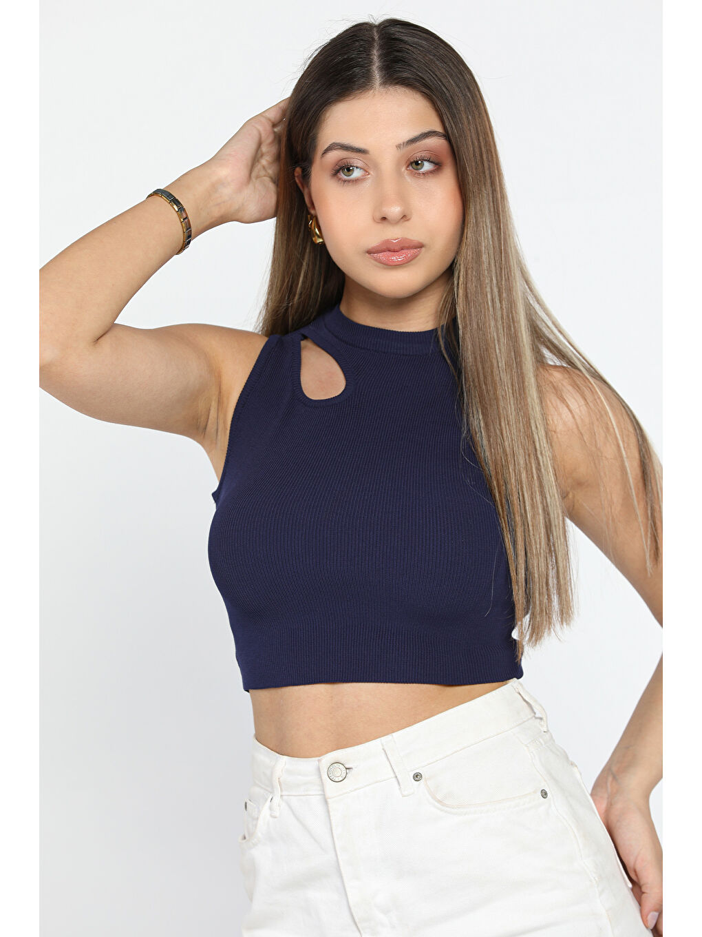 GÜLSELİ Lacivert Ön Pencereli Bisiklet Yaka Kadın Kaşkorse Crop Top Bluz - 1