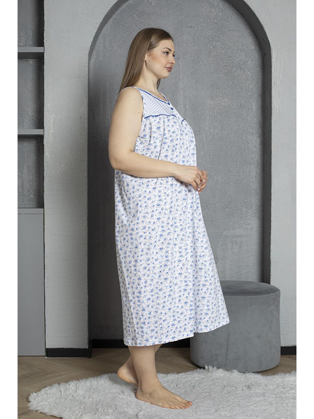 Mavi Sıfır Kol Düğmeli Yaka %100 Pamuklu Penye Büyük Beden Anne Geceliği 545-3