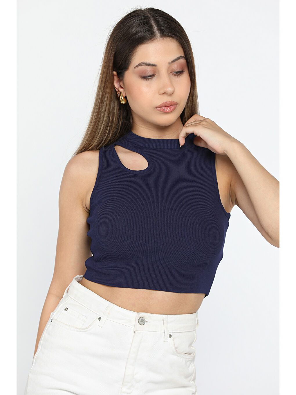 GÜLSELİ Lacivert Ön Pencereli Bisiklet Yaka Kadın Kaşkorse Crop Top Bluz - 2