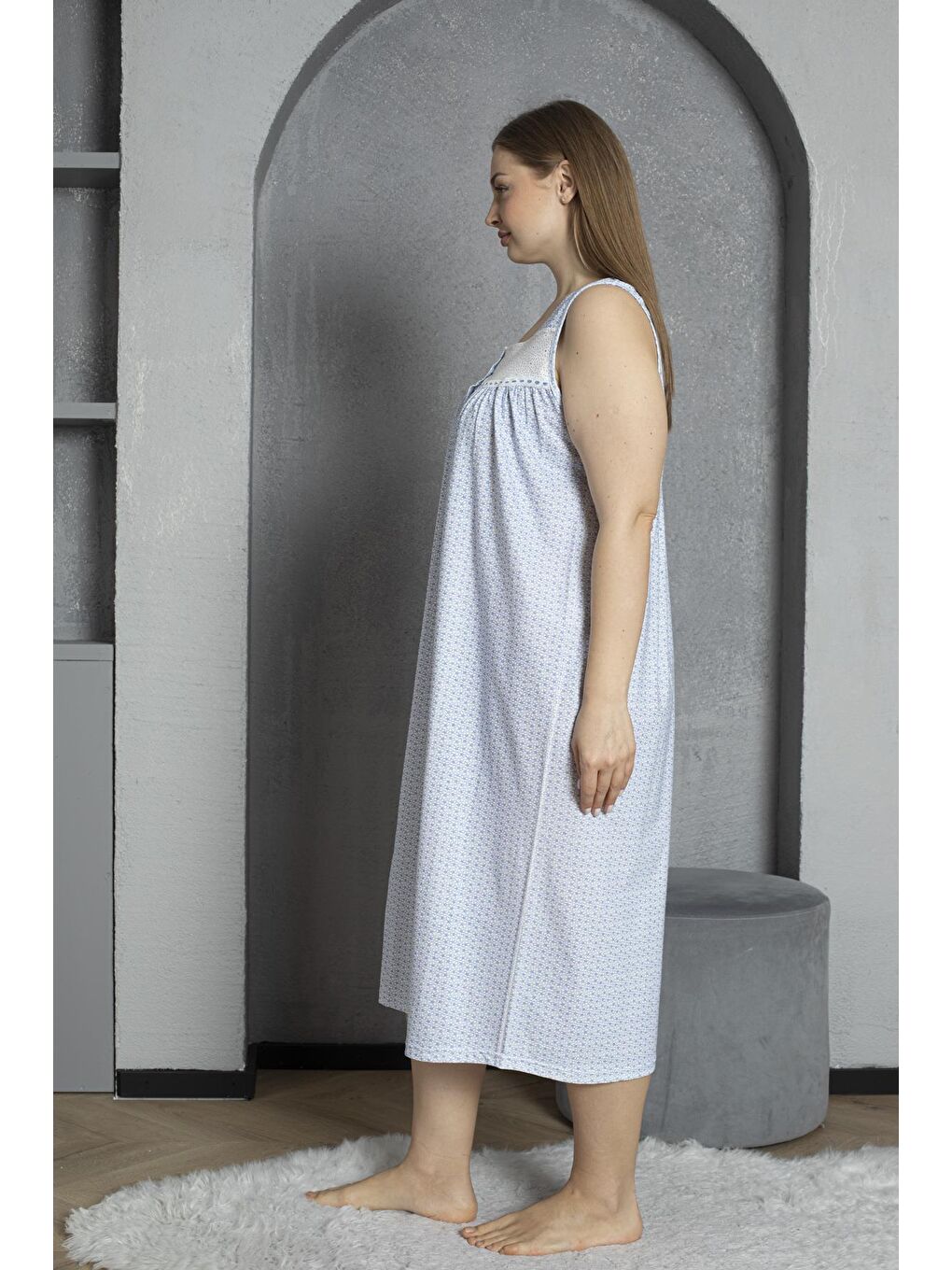 Mavi Düğmeli Yaka Sıfır Kol %100 Pamuklu Penye Büyük Beden Anne Geceliği 526-2