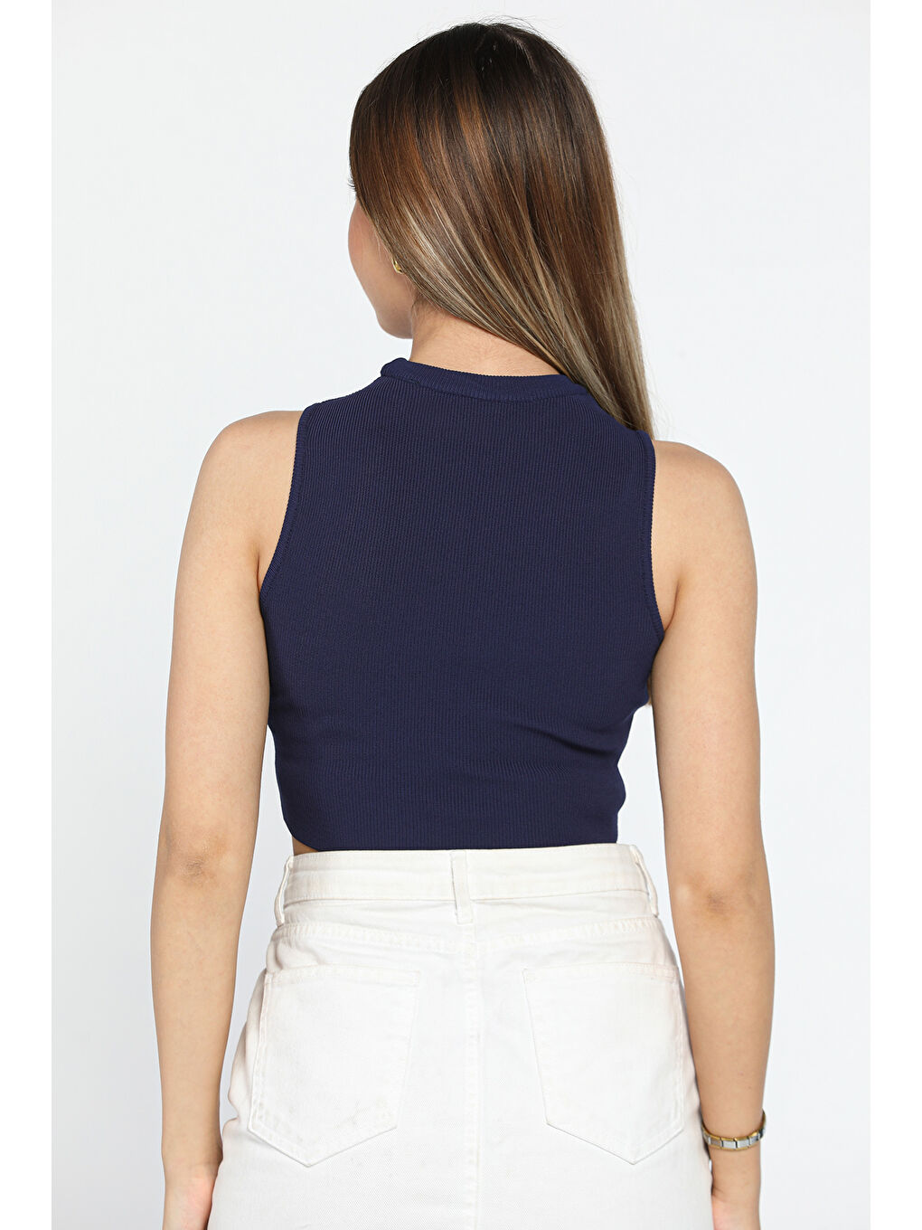 GÜLSELİ Lacivert Ön Pencereli Bisiklet Yaka Kadın Kaşkorse Crop Top Bluz - 3