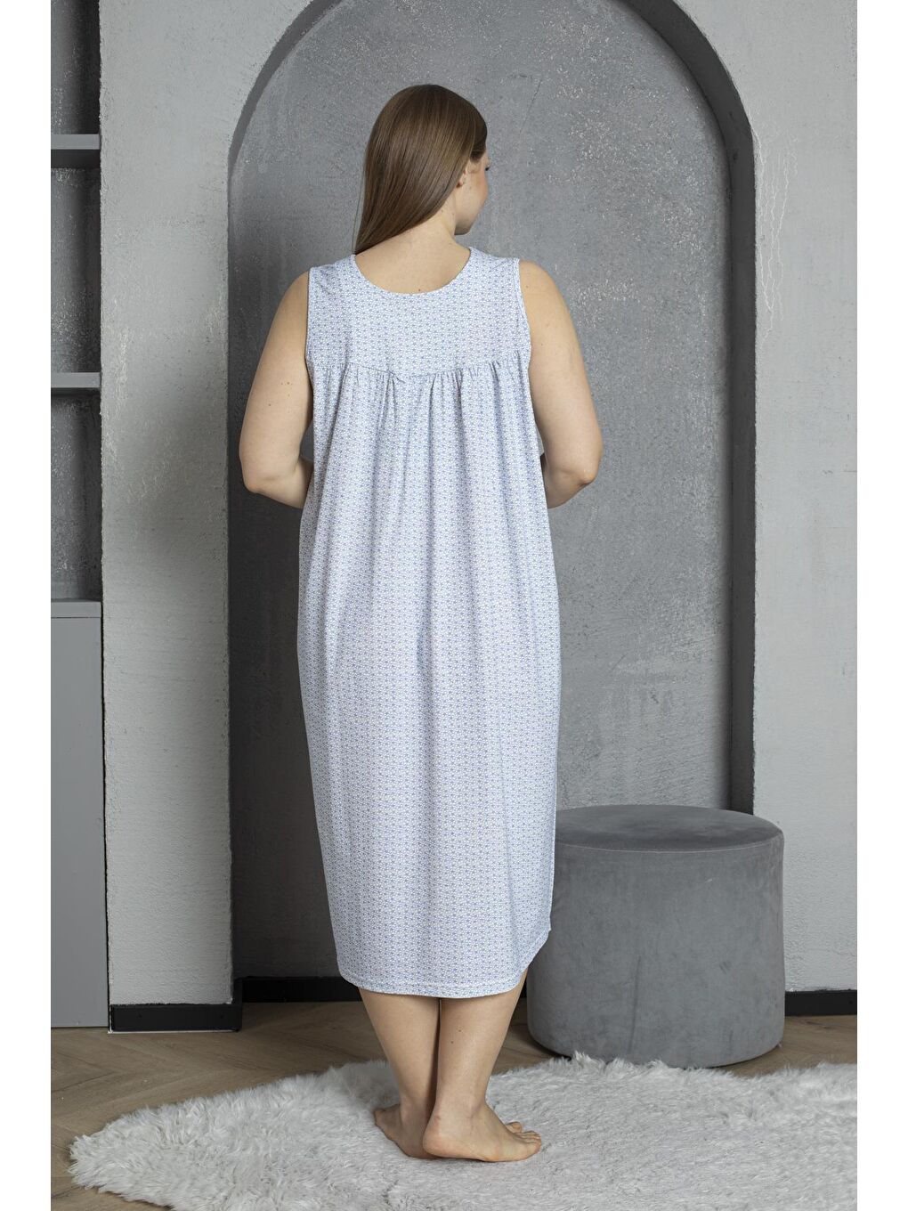 Mavi Düğmeli Yaka Sıfır Kol %100 Pamuklu Penye Büyük Beden Anne Geceliği 526-4