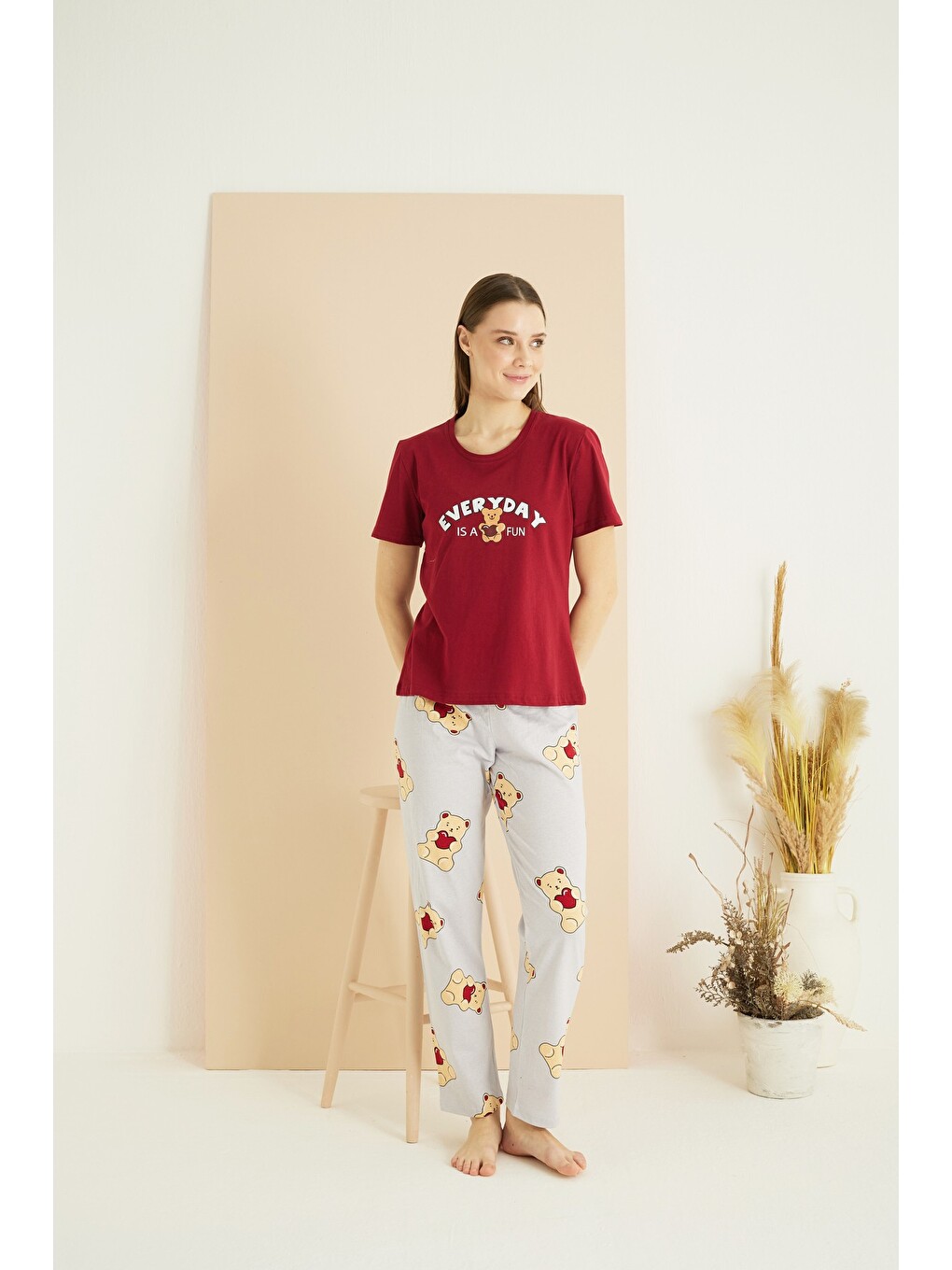 Bordo Pamuklu Bisiklet Yaka Örme Pijama Takım25107132-1