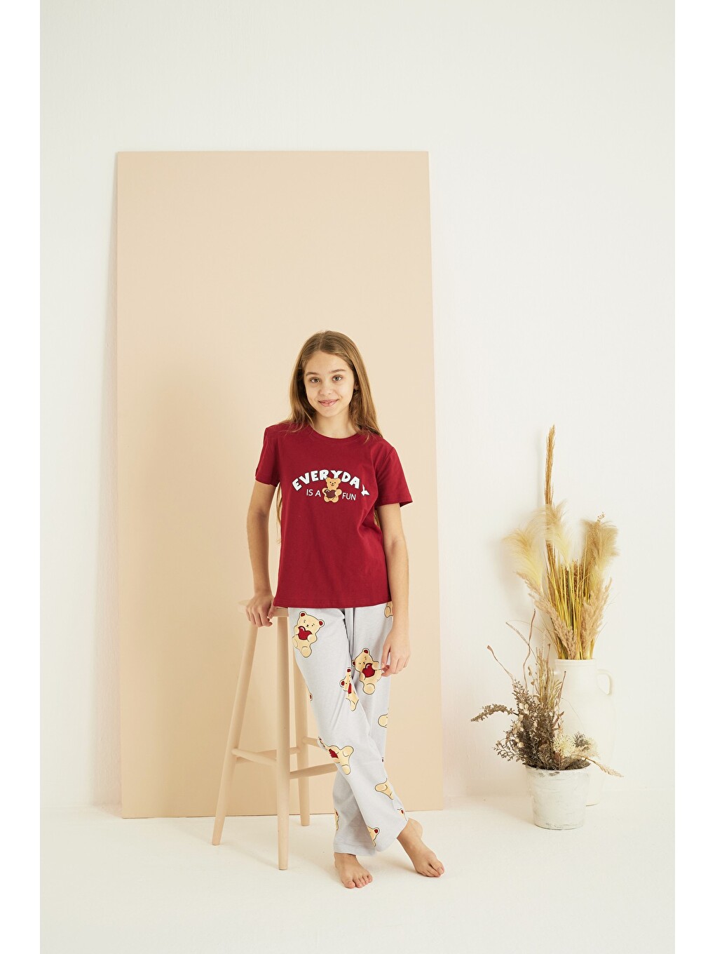 Bordo Pamuklu Bisiklet Yaka Örme Pijama Takım25107132-2