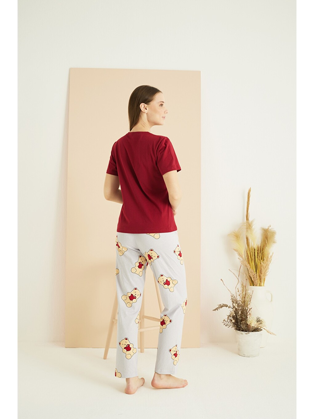Bordo Pamuklu Bisiklet Yaka Örme Pijama Takım25107132-3