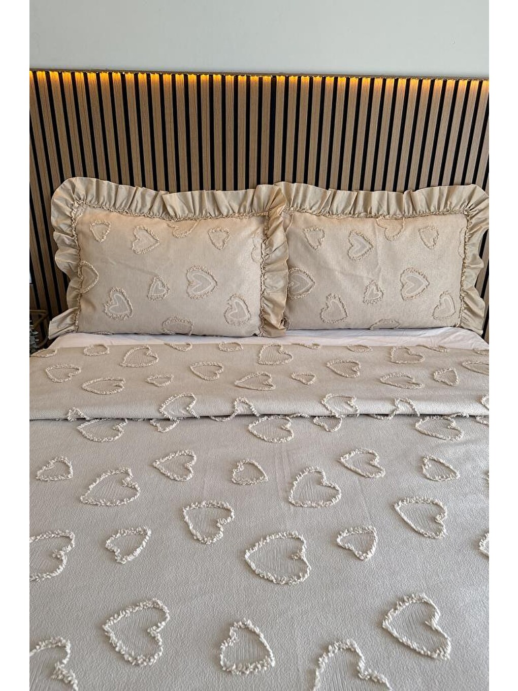 Ruffle Pure Love 3 Parça Çift Kişilik Pike Takımı Bej-1