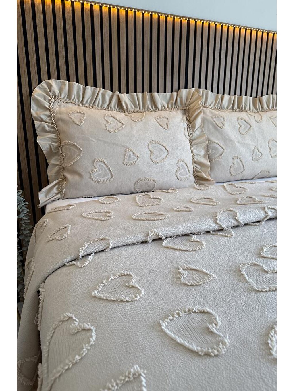 Ruffle Pure Love 3 Parça Çift Kişilik Pike Takımı Bej-2