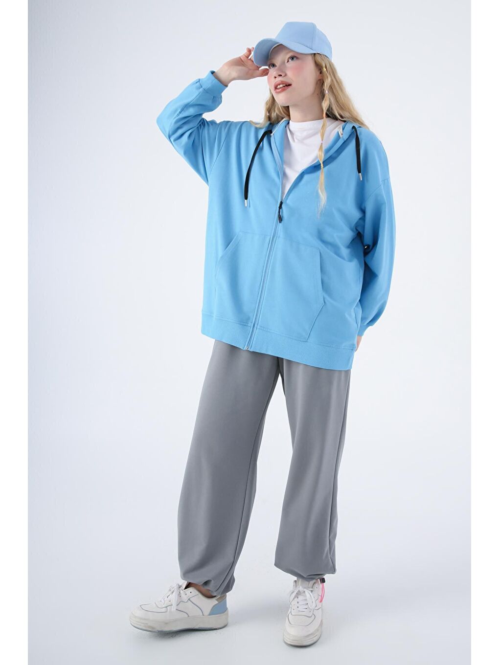 Mavi Pamuklu Oversize Kapüşonlu Sweat Hırka