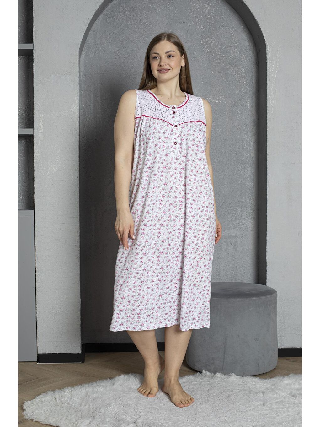 Fuşya Sıfır Kol Düğmeli Yaka %100 Pamuklu Penye Büyük Beden Anne Geceliği 545-1