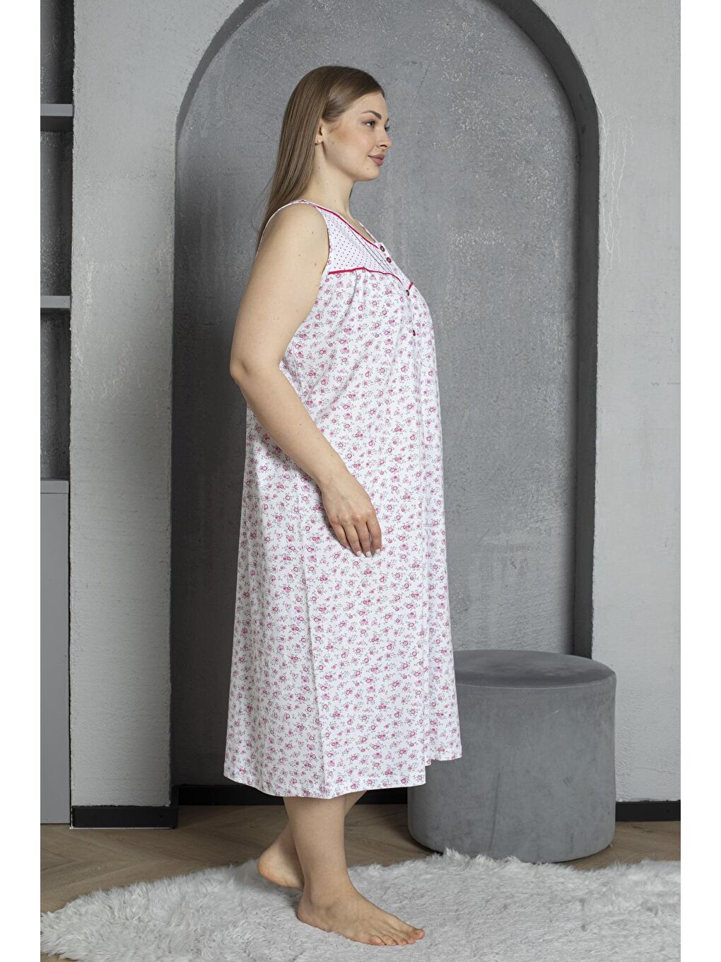 Fuşya Sıfır Kol Düğmeli Yaka %100 Pamuklu Penye Büyük Beden Anne Geceliği 545-2