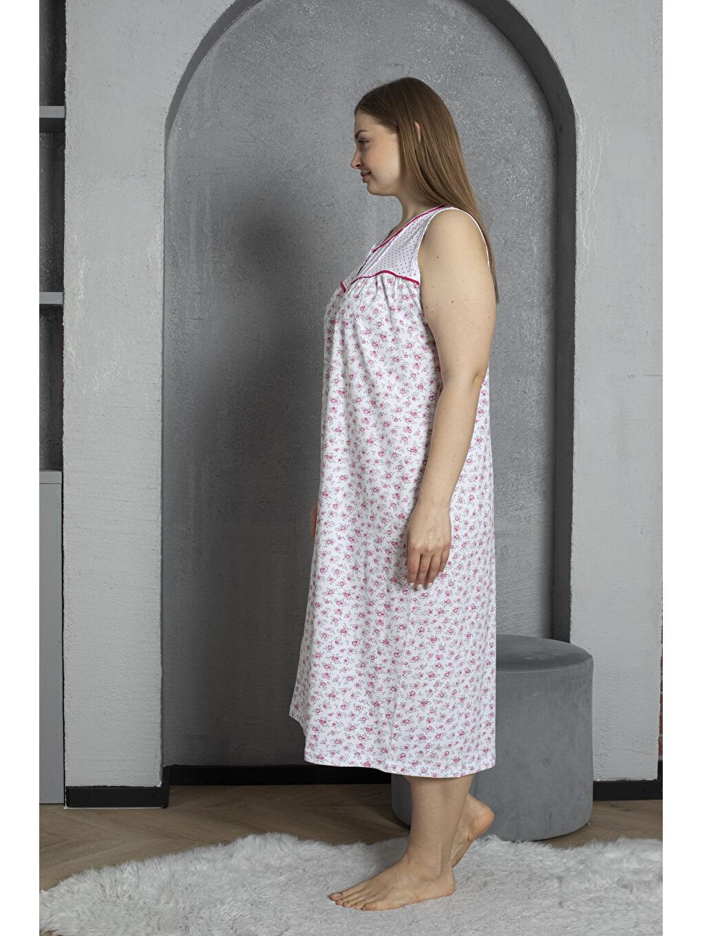 Fuşya Sıfır Kol Düğmeli Yaka %100 Pamuklu Penye Büyük Beden Anne Geceliği 545-3