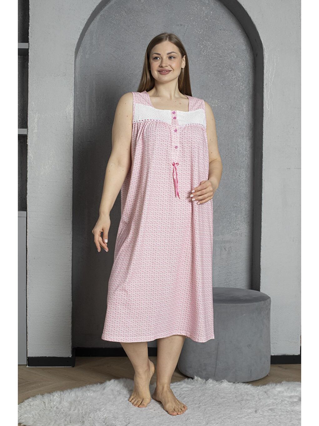 Fuşya Düğmeli Yaka Sıfır Kol %100 Pamuklu Penye Büyük Beden Anne Geceliği 526-1