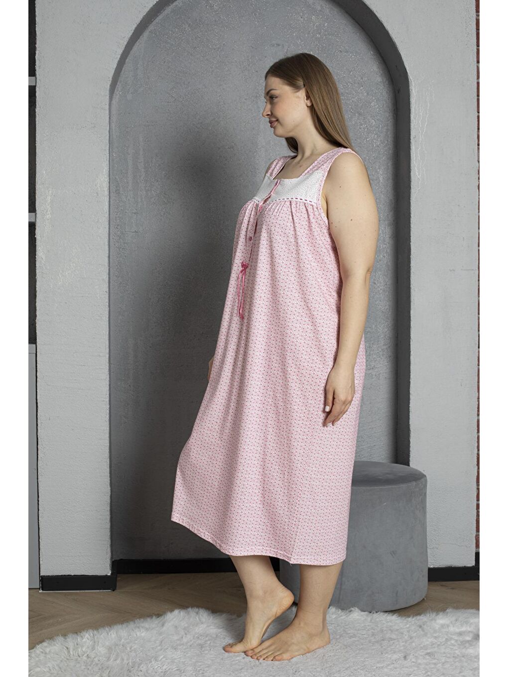 Fuşya Düğmeli Yaka Sıfır Kol %100 Pamuklu Penye Büyük Beden Anne Geceliği 526-2