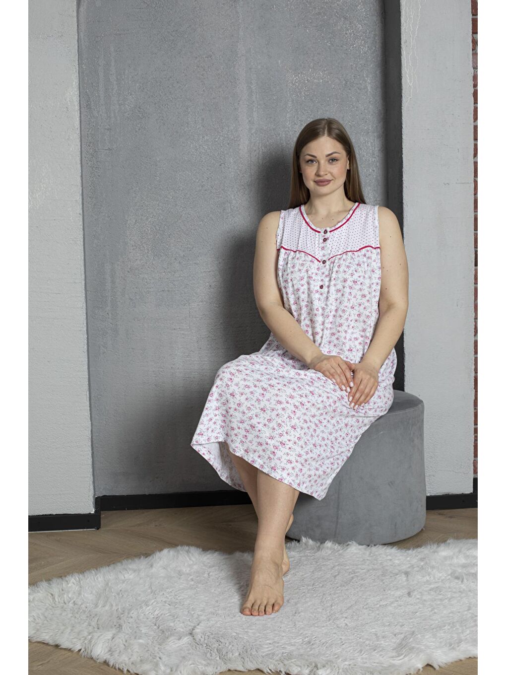 Fuşya Sıfır Kol Düğmeli Yaka %100 Pamuklu Penye Büyük Beden Anne Geceliği 545-5