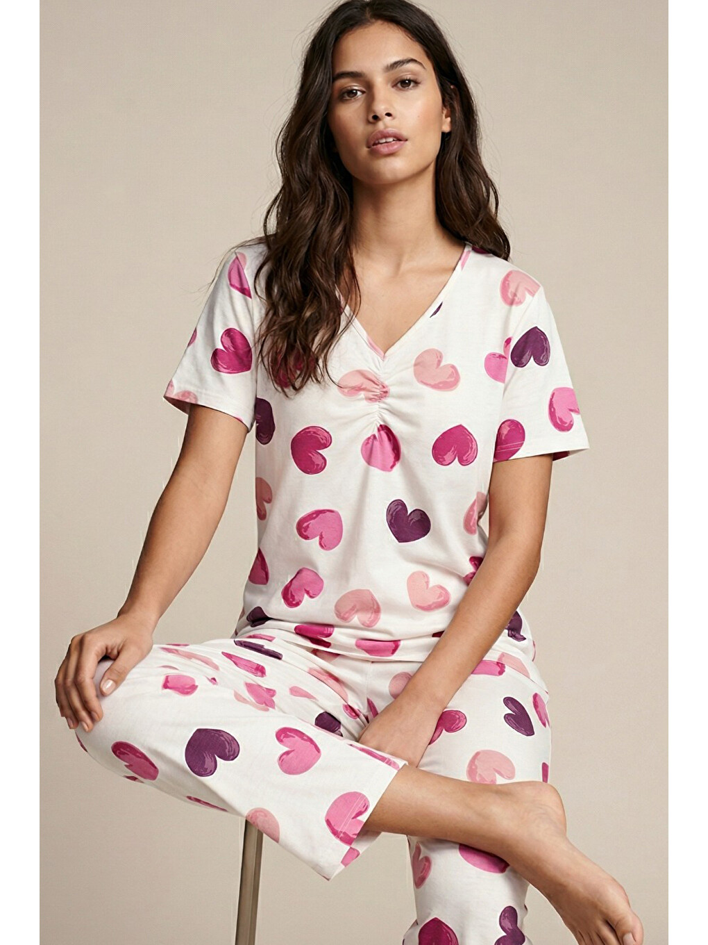 Ekru Kalp Desenli Viskon Örme Pijama Takım26120798