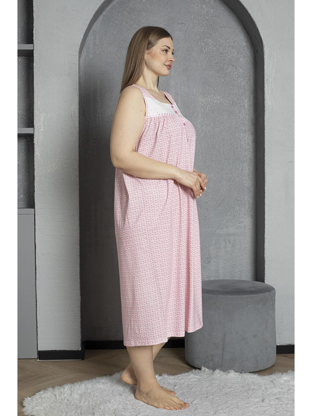 Fuşya Düğmeli Yaka Sıfır Kol %100 Pamuklu Penye Büyük Beden Anne Geceliği 526-3