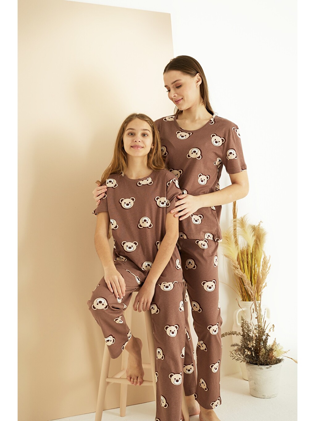 Kahverengi Pamuklu Bisiklet Yaka Örme Pijama Takım25107131