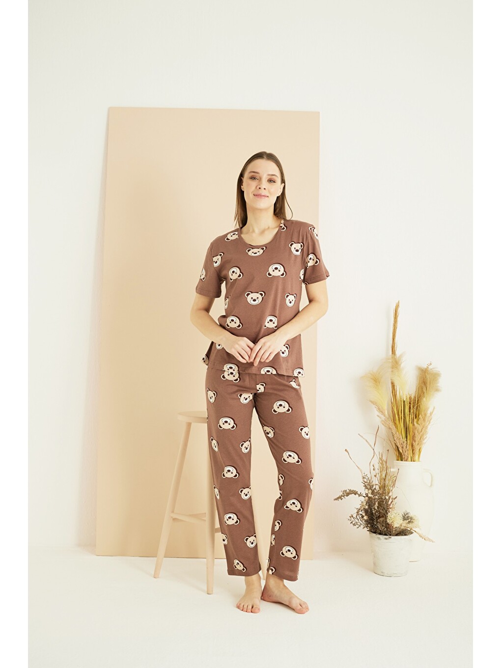 Kahverengi Pamuklu Bisiklet Yaka Örme Pijama Takım25107131-1