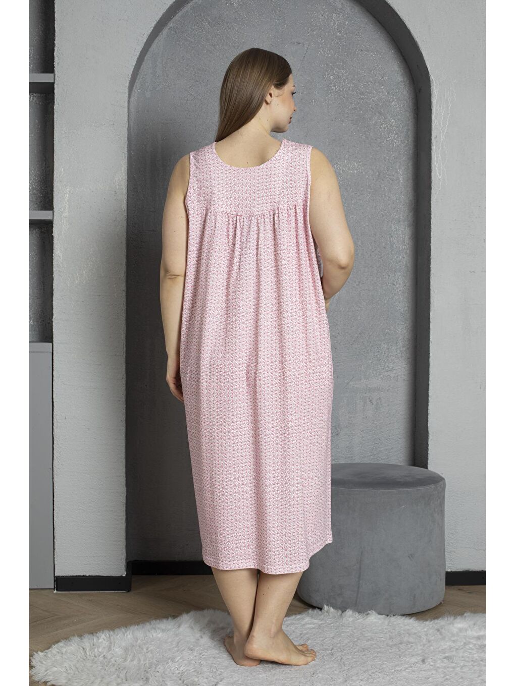 Fuşya Düğmeli Yaka Sıfır Kol %100 Pamuklu Penye Büyük Beden Anne Geceliği 526-4