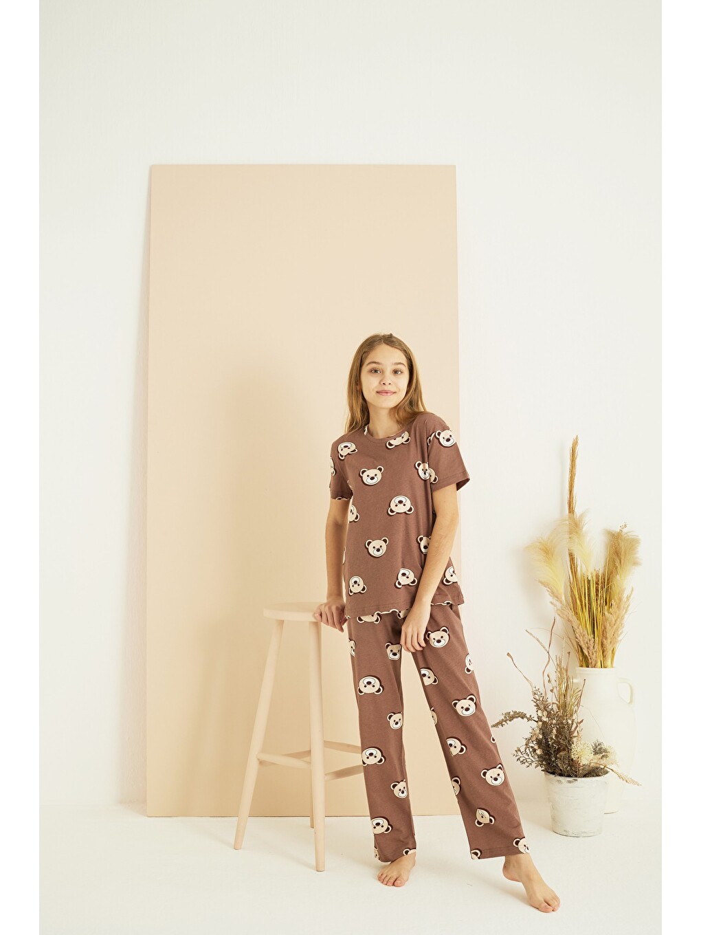 Kahverengi Pamuklu Bisiklet Yaka Örme Pijama Takım25107131-2