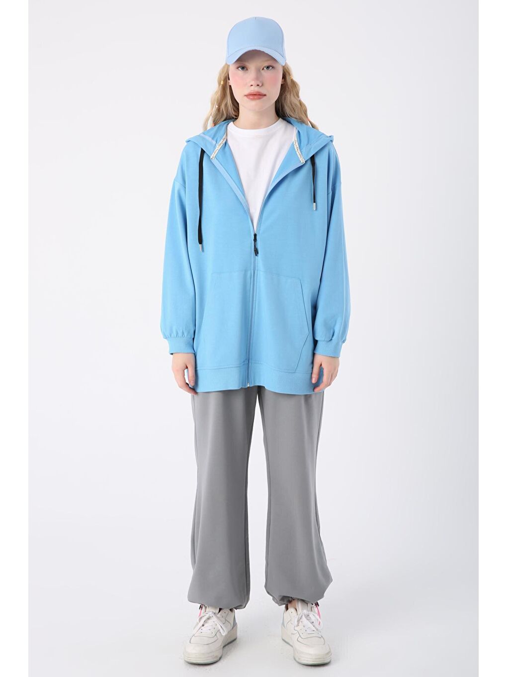 Mavi Pamuklu Oversize Kapüşonlu Sweat Hırka-1