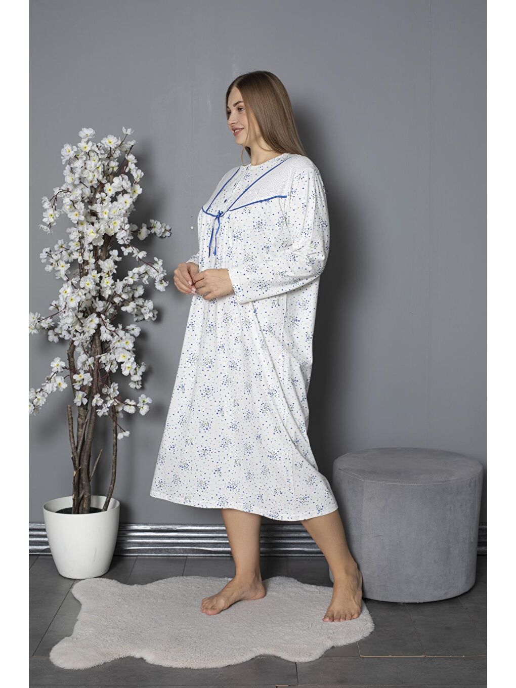 Mavi %100 Pamuklu Mevsimlik Penye Uzun Kollu Büyük Beden Anne Geceliği 580-2