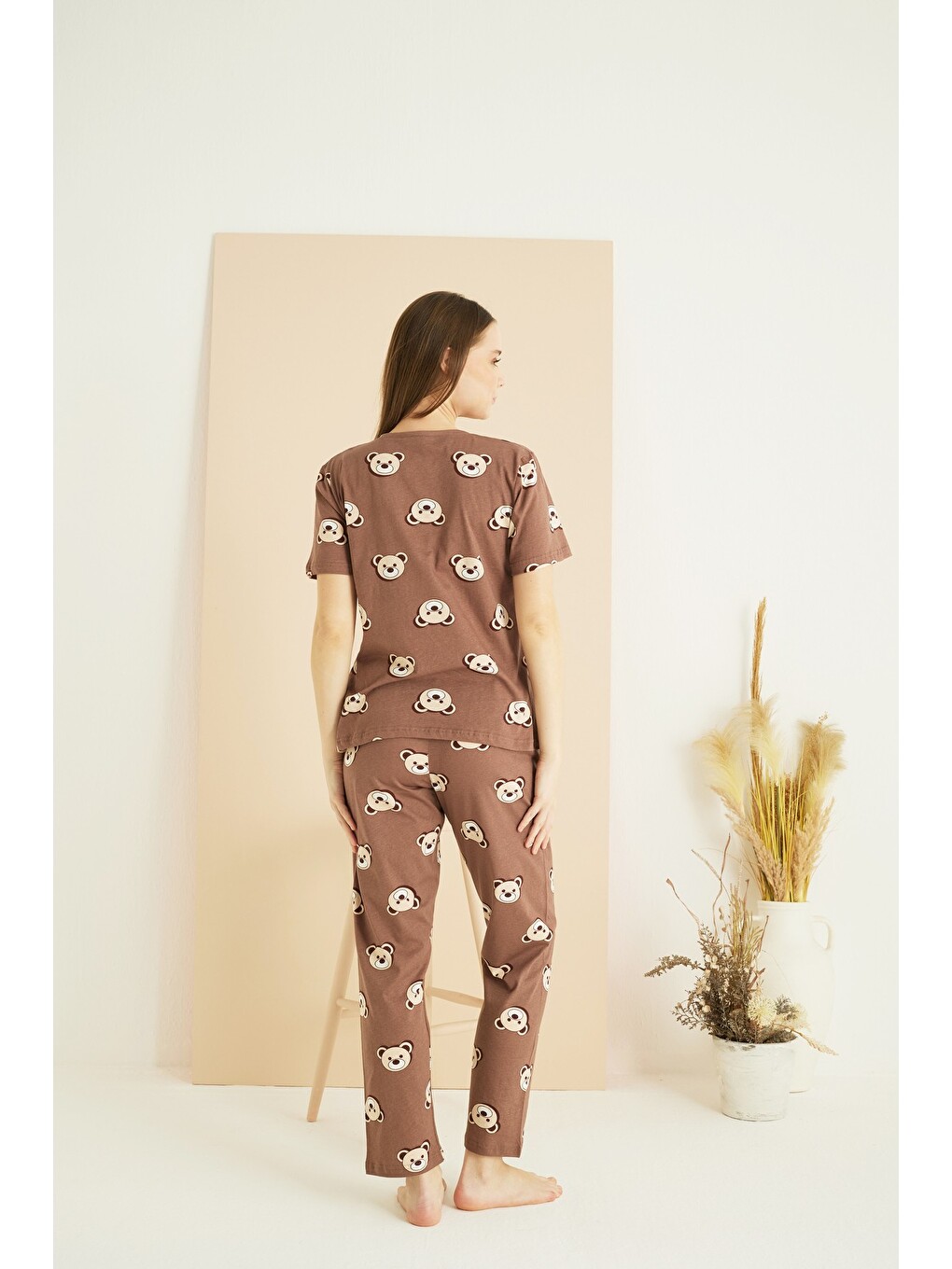 Kahverengi Pamuklu Bisiklet Yaka Örme Pijama Takım25107131-3