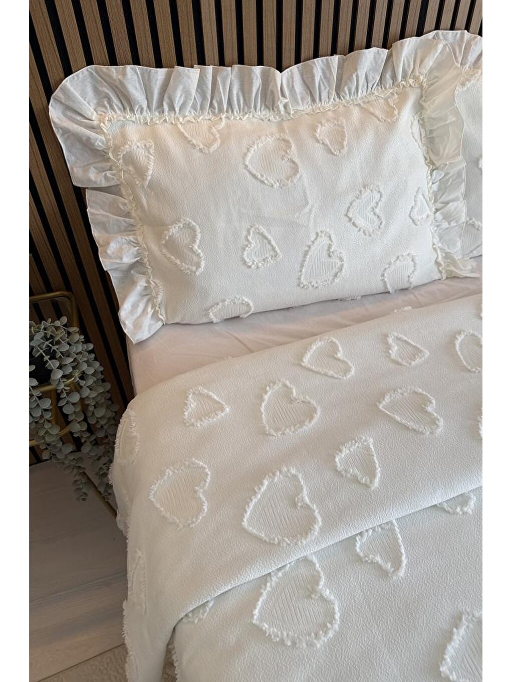 Ekru Ruffle Pure Love 3 Parça Çift Kişilik Pike Takımı Krem-1