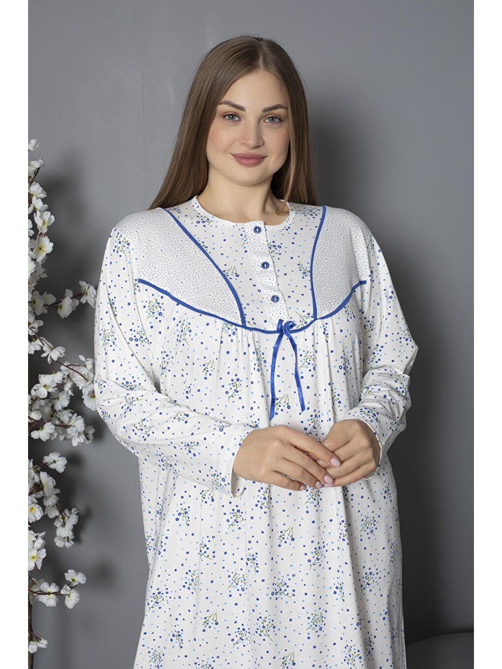 Mavi %100 Pamuklu Mevsimlik Penye Uzun Kollu Büyük Beden Anne Geceliği 580-3