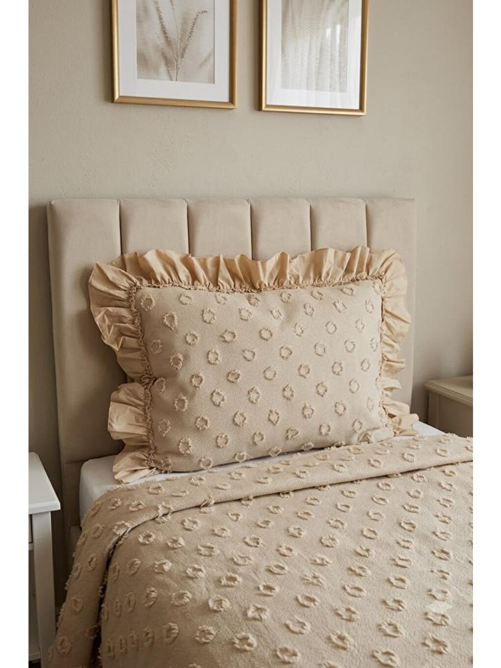 Ruffle Konik 2 Parça Tek Kişilik Pike Takımı Bej-1